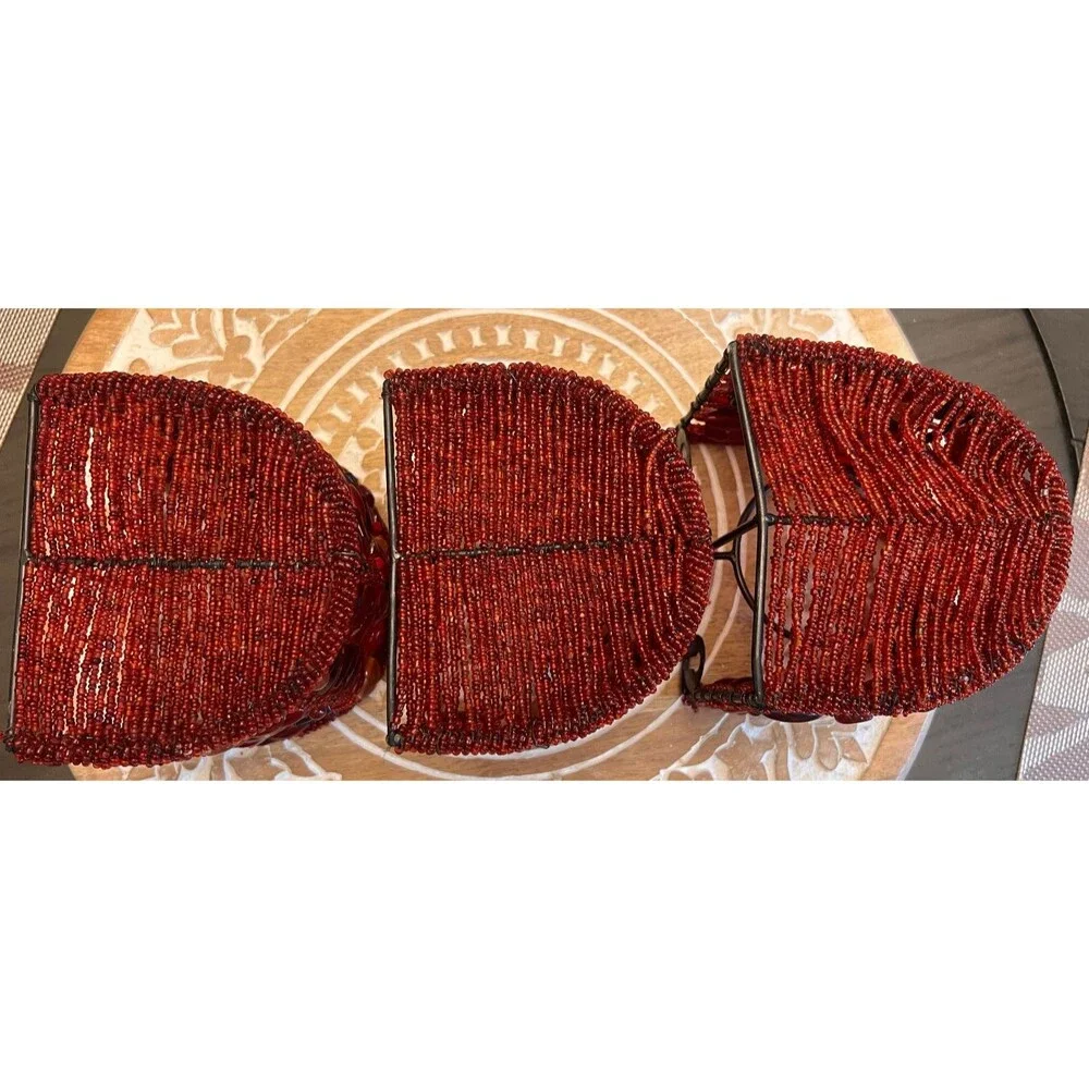 Pottery Barn Red Beaded Votive Candle Holder Sconces Wall Mount Set of 3